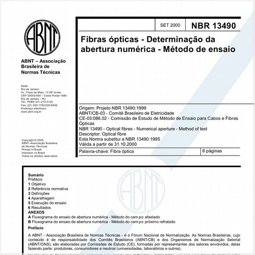 Fibras ópticas - Determinação da abertura numérica - Método de ensaio