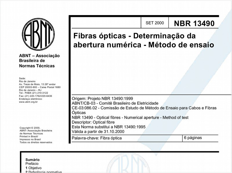 Fibras ópticas - Determinação da abertura numérica - Método de ensaio