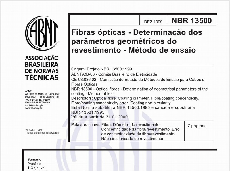 Fibras ópticas - Determinação parâmetros geométricos do revestimento - Método de ensaio