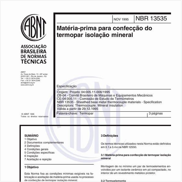 Matéria-prima para confecção do termopar isolação mineral - Especificação