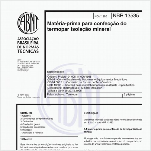 Matéria-prima para confecção do termopar isolação mineral - Especificação