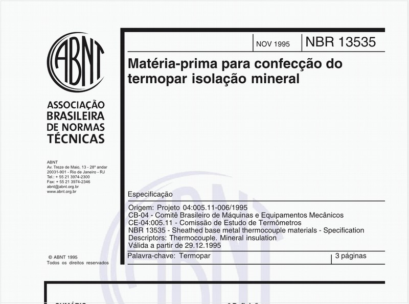 Matéria-prima para confecção do termopar isolação mineral - Especificação
