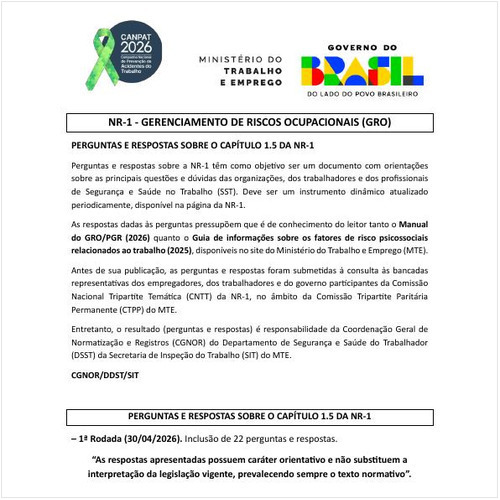 PERGUNTAS E RESPOSTAS SOBRE O CAPÍTULO 1.5 DA NR-1 (GRO/PGR)  – MAIO/2026