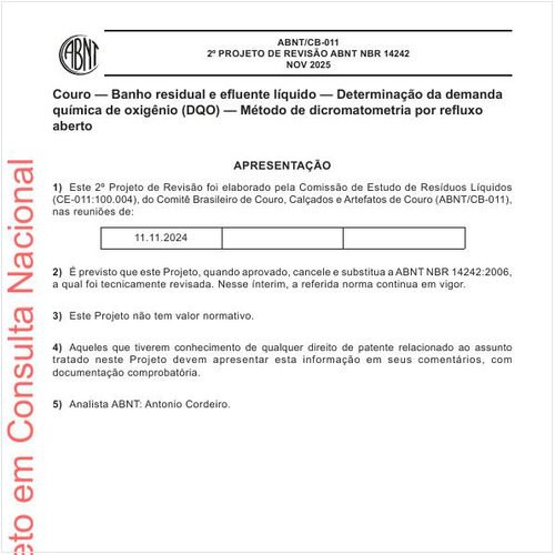 Couro — Banho residual e efluente líquido — Determinação da demanda química de oxigênio (DQO) — Método de dicromatometria por refluxo aberto