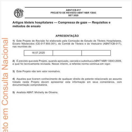 Artigos têxteis hospitalares - Compressa de gaze - Requisitos e métodos de ensaio