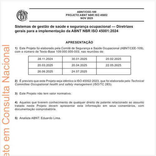 Sistemas de gestão de saúde e segurança ocupacional — Diretrizes gerais para a implementação da ABNT NBR ISO 45001:2024
