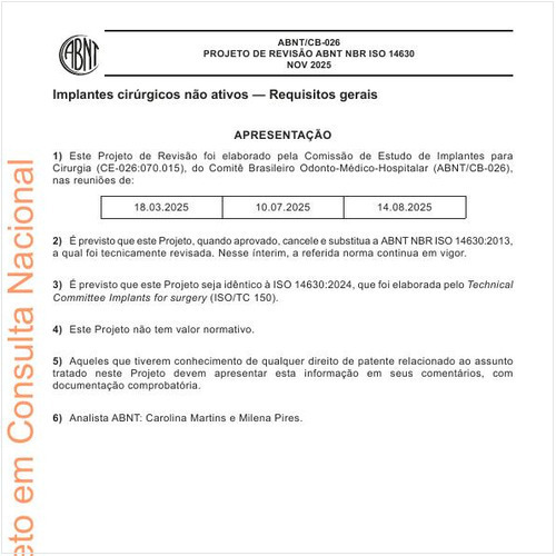 Implantes cirúrgicos não ativos — Requisitos gerais