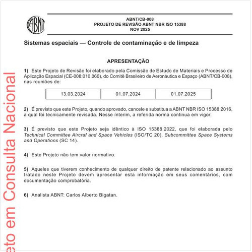 Sistemas espaciais - Controle de contaminação e de limpeza