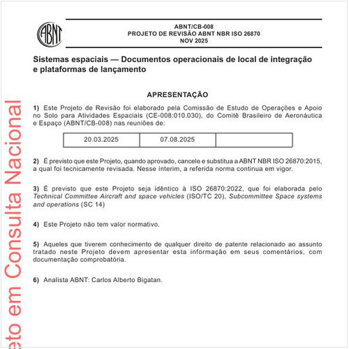 Sistemas espaciais - Documentos operacionais de local de integração e plataformas de lançamento