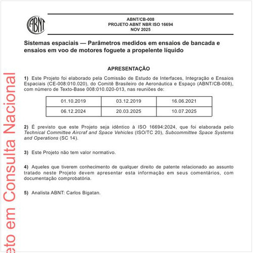 Sistemas espaciais - Parâmetros medidos em ensaios de bancada e ensaios em voo de motores foguete a propelente líquido