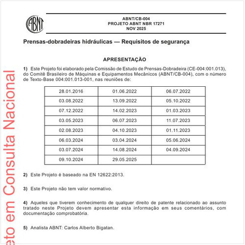 Prensas-dobradeiras hidráulicas — Requisitos de segurança
