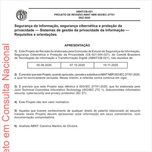 Segurança da informação, segurança cibernética e proteção da privacidade — Sistemas de gestão da privacidade da informação — Requisitos e orientações