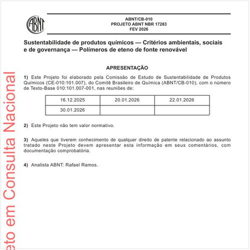 Sustentabilidade de produtos químicos — Critérios ambientais, sociais e de governança — Polímeros de eteno de fonte renovável
