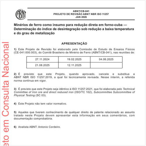 Minérios de ferro como insumo para redução direta em forno-cuba — Determinação do índice de desintegração sob redução a baixa temperatura e do grau de metalização