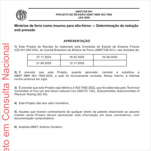 Minérios de ferro como insumo para alto-forno — Determinação da redução sob pressão
