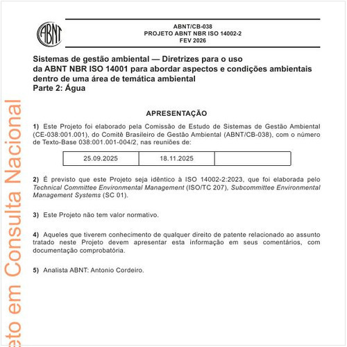Sistemas de gestão ambiental — Diretrizes para o uso da ABNT NBR ISO 14001 para abordar aspectos e condições ambientais dentro de uma área de temática ambiental - Parte 2: Água