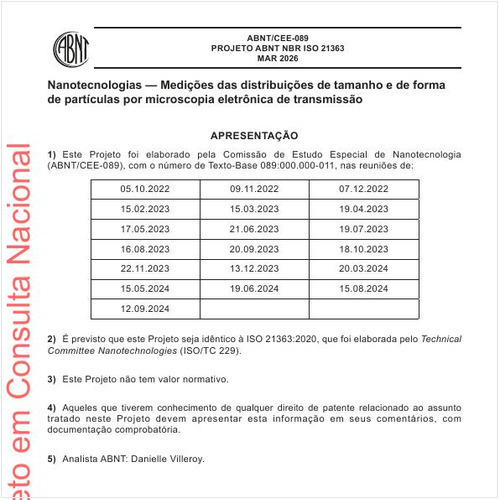 Nanotecnologias — Medições das distribuições de tamanho e de forma de partículas por microscopia eletrônica de transmissão