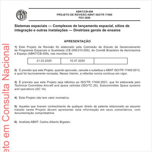 Sistemas espaciais - Complexos de lançamento espacial, sítios de integração e outras instalações - Diretrizes gerais de ensaios