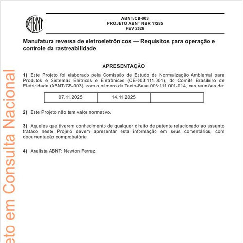 Manufatura reversa de eletroeletrônicos - Requisitos para operação e controle da rastreabilidade