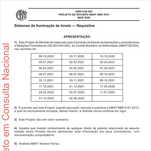 Sistemas de iluminação de túneis - Requisitos