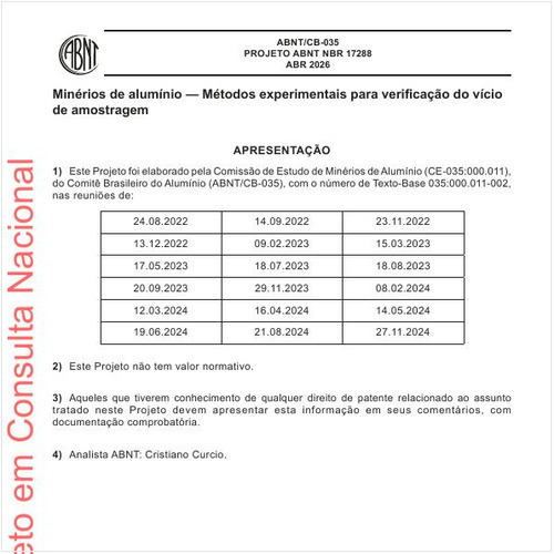 Minérios de alumínio - Métodos experimentais para verificação do vício de amostragem