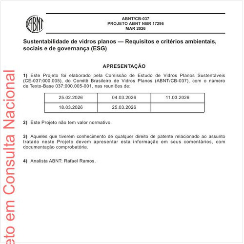 Sustentabilidade de vidros planos — Requisitos e critérios ambientais, sociais e de governança (ESG)