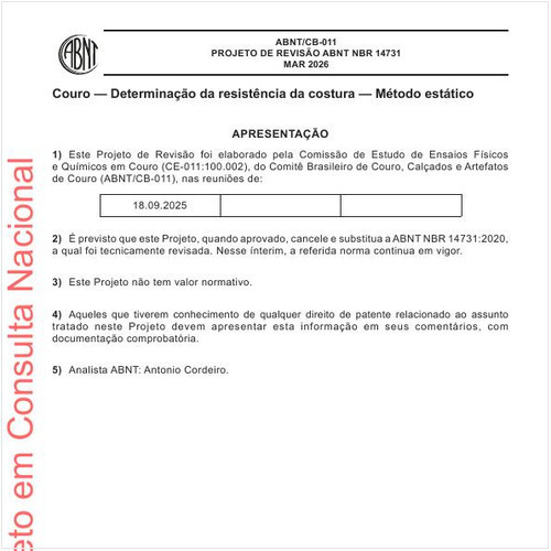 Couro — Determinação da resistência da costura — Método estático