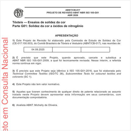 Têxteis - Ensaios de solidez da cor Parte G01: Solidez da cor a óxidos de nitrogênio