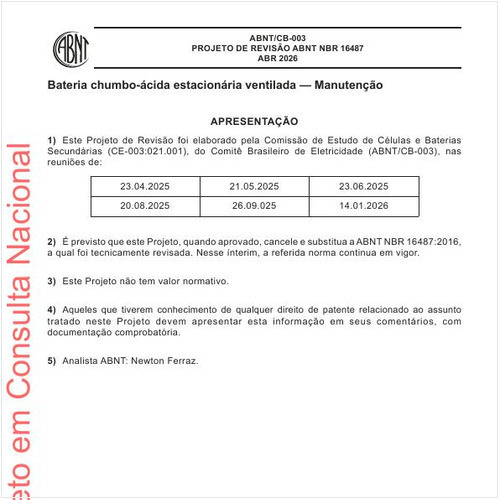 Bateria chumbo-ácida estacionária ventilada - Manutenção