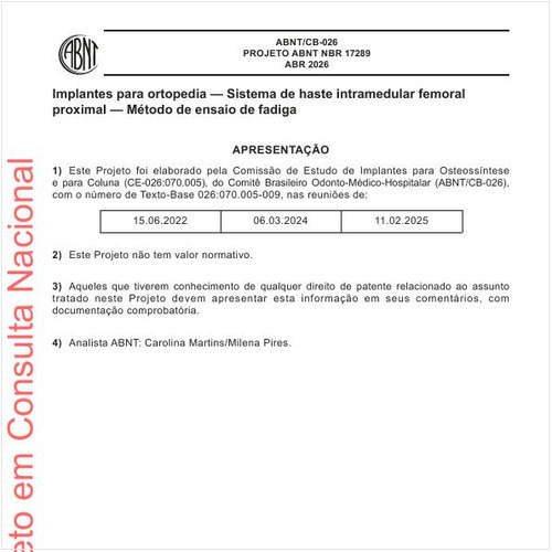 Implantes para ortopedia - Sistema de haste intramedular femoral proximal - Método de ensaio de fadiga
