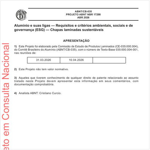 Alumínio e suas ligas - Requisitos e critérios ambientais, sociais e de governança (ESG) - Chapas laminadas sustentáveis