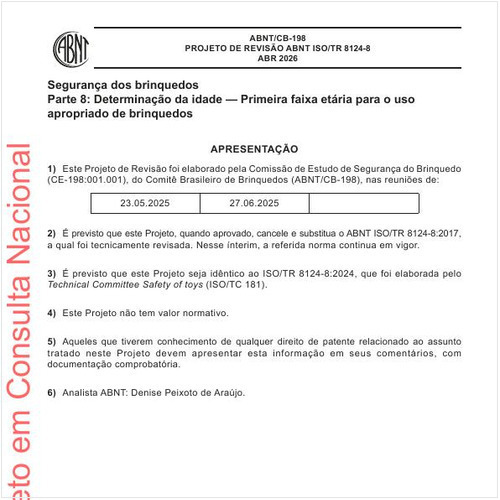 Segurança dos brinquedos Parte 8: Determinação da idade - Primeira faixa etária para o uso apropriado de brinquedos