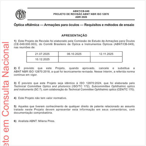 Óptica oftálmica - Armações para óculos - Requisitos e métodos de ensaio