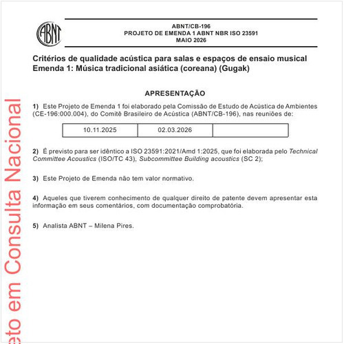 Critérios de qualidade acústica para salas e espaços de ensaio musical Emenda 1: Música tradicional asiática (coreana) (Gugak)