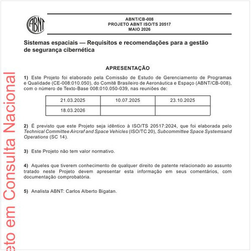Sistemas espaciais — Requisitos e recomendações para a gestão de segurança cibernética