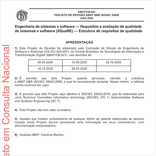 Engenharia de sistemas e software — Requisitos e avaliação de qualidade de sistemas e software (SQuaRE) — Estrutura de requisitos de qualidade