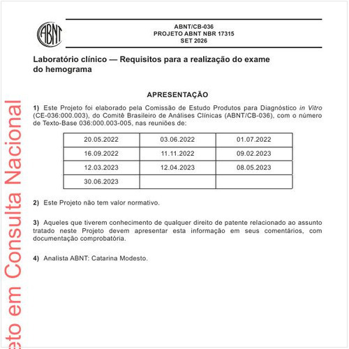 Laboratório clínico — Requisitos para a realização do exame do hemograma