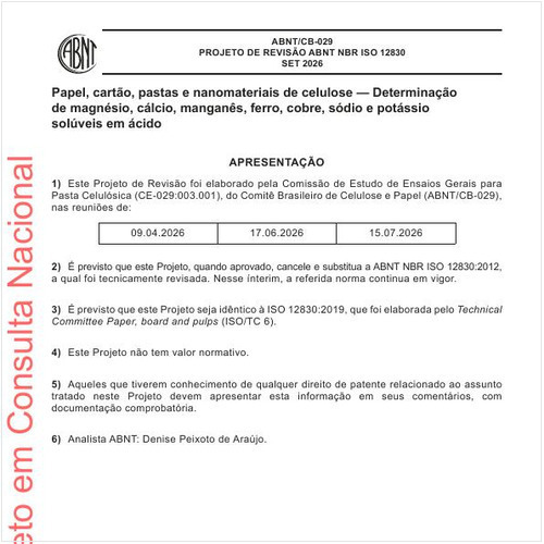 Papel, cartão, pastas e nanomateriais de celulose - Determinação de magnésio, cálcio, manganês, ferro, cobre, sódio e potássio solúveis em ácido