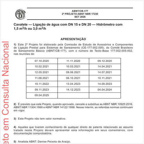Cavalete - Ligação de água com DN 15 e DN 20 - Hidrômetro com 1,5 m3/h ou 3,0 m3/h
