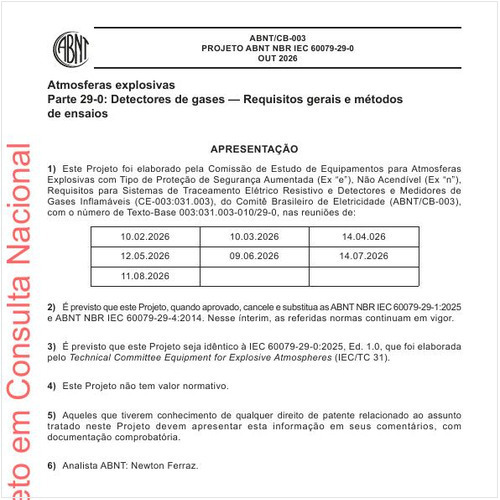 Atmosferas explosivas Parte 29-0: Detectores de gases - Requisitos gerais e métodos de ensaios