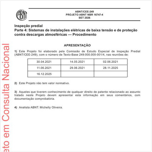 Inspeção predial Parte 4: Sistemas de instalações elétricas de baixa tensão e de proteção contra descargas atmosféricas - Procedimento