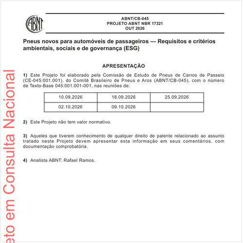 Pneus novos para automóveis de passageiros - Requisitos e critérios ambientais, sociais e de governança (ESG)