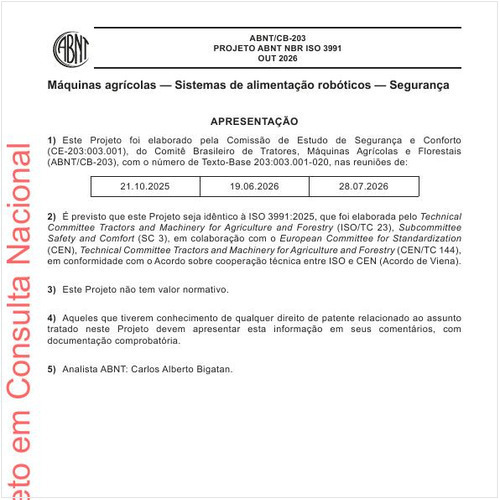 Máquinas agrícolas - Sistemas de alimentação robóticos - Segurança