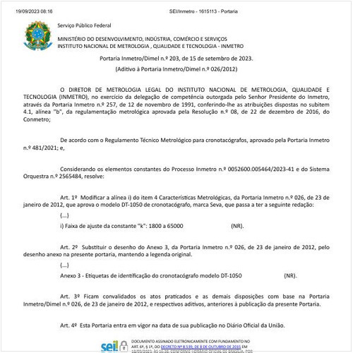 Portaria DIMEL/INMETRO 203:2023 - Situação: Em vigor
