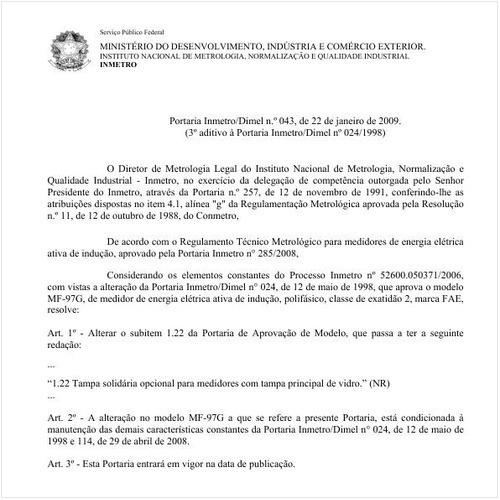 Portaria DIMEL/INMETRO 43:2009 - Situação: Em vigor