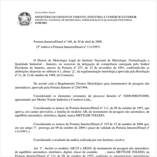 Portaria INMETRO/DIMEL 168:2009 - Situação: Em vigor