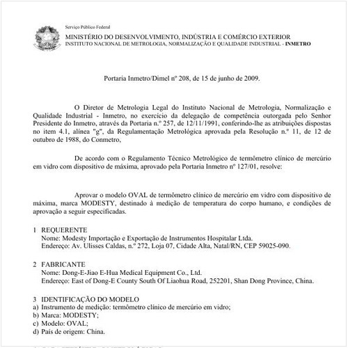Portaria INMETRO/DIMEL 208:2009 - Situação: Em vigor