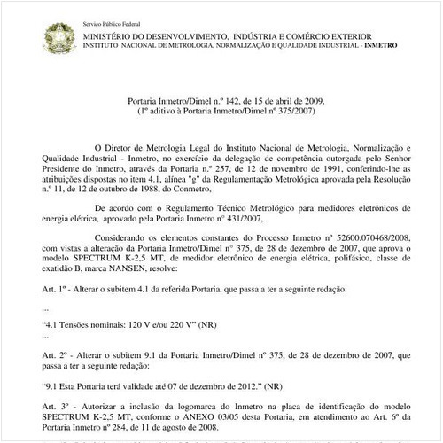 Portaria DIMEL/INMETRO 142:2009 - Situação: Em vigor