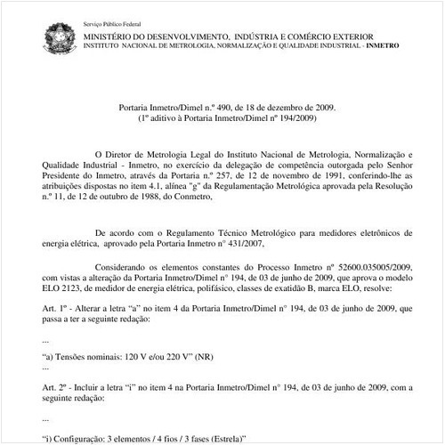 Portaria INMETRO/DIMEL 490:2009 - Situação: Em vigor