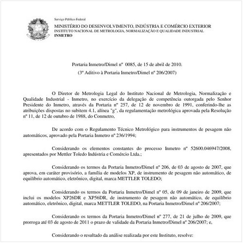 Portaria INMETRO/DIMEL 85:2010 - Situação: Em vigor